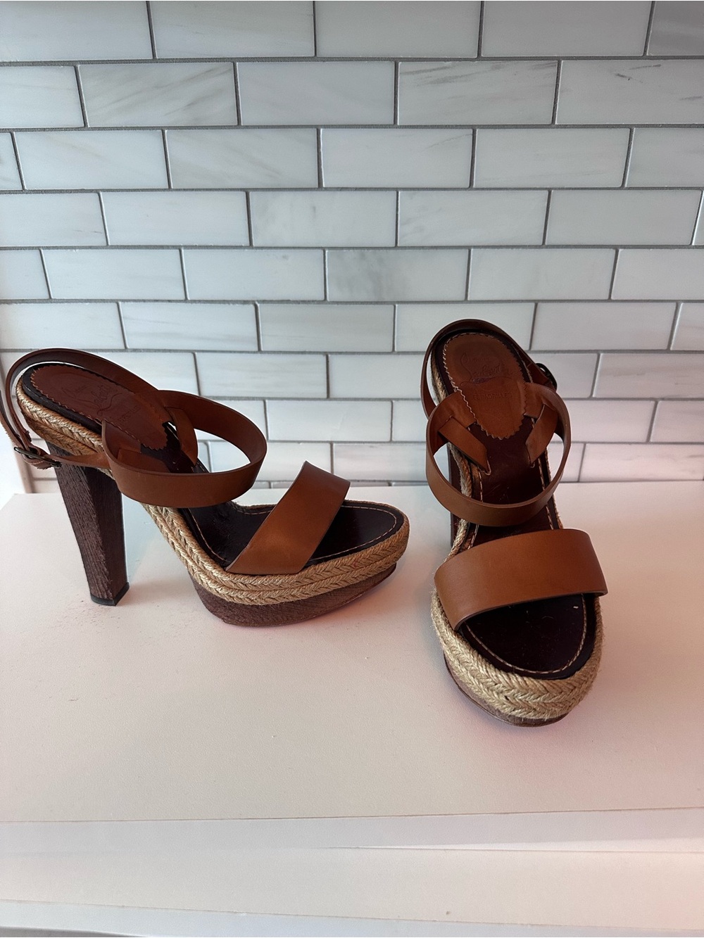 Christian Louboutin Tan Leather Espadrille Platform Wedge Sandals - Picture 2 of 6